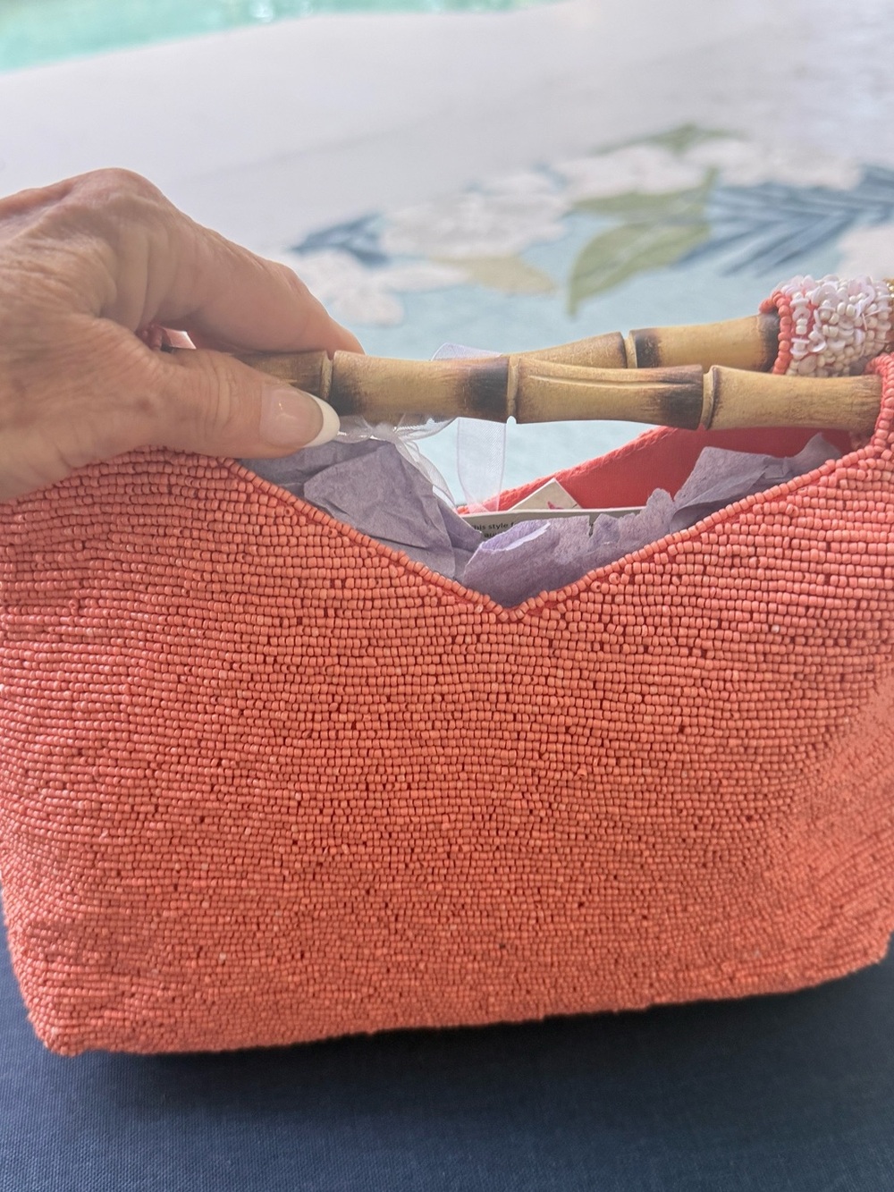 T.J.Maxx Pink, Coral & Gold Beaded Bamboo-Handle Shoulder Bag - Picture 2 of 2